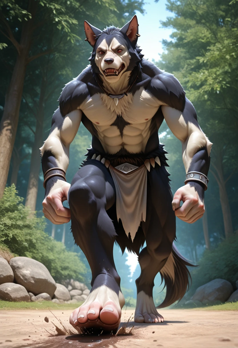 A Very Muscular Furry Gray Wolf. He is Topless with a gray shorts. He is in A Forest. He is Walking