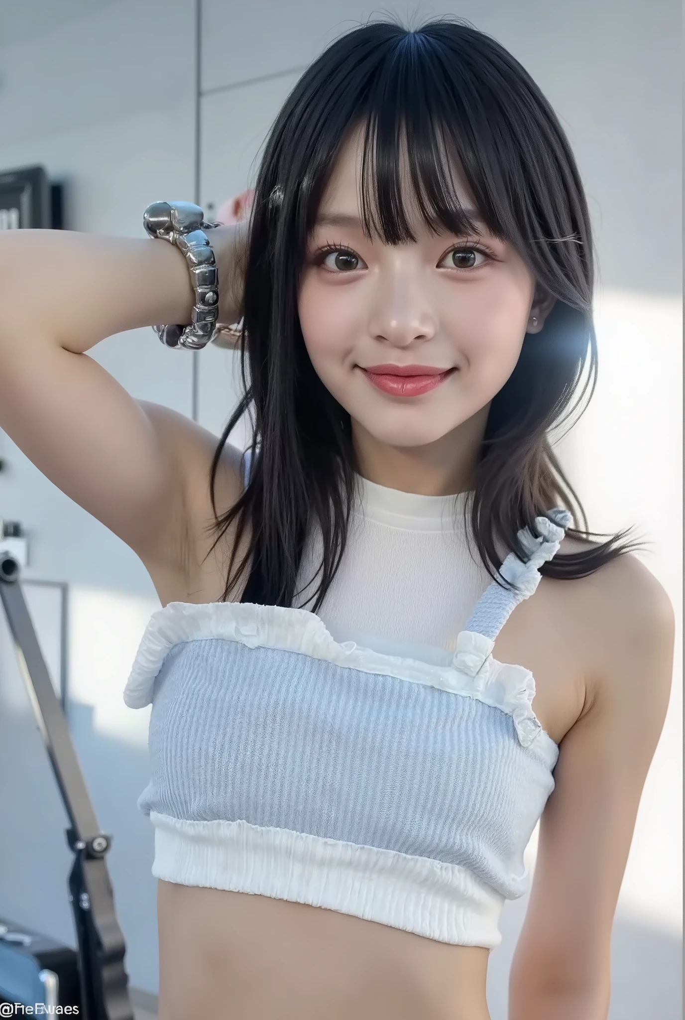(8K),(best quality:1.5),(high resolution:1.5), model, idol, (Head to knee photo), (standing), (infantile build), ((1girl, 8 years old)), (black hair), ((pink camisole)), ((light blue mini skirt)), (smile)