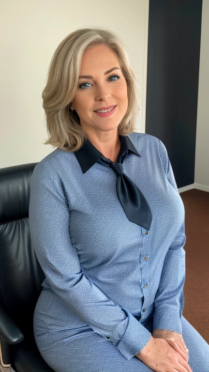 mature woman in, 60 years old, Alone, casual hair, Looking at the viewer, GrayBlonde hair, Brown eyes, Jewelry, Full body, (wearing elegant patterned grey tie tube collared shirt), Distant photo, Realistic, A sexy one, beautiful colour, Luxury bed room views, Lots of candle night Views, Perfect skin, 3 bust size, instagram (Realistic, A high resolution),photo size 3:4, 1 cute sexy mature woman, large expressive blue eyes, happy, (8K, raw photo, Best quality, High detail, curvaceous forms, curvy body, She sitting on office, she sat in the office chair , body full of soap suds, smile Extraordinary Pleasure, big windows city night views background