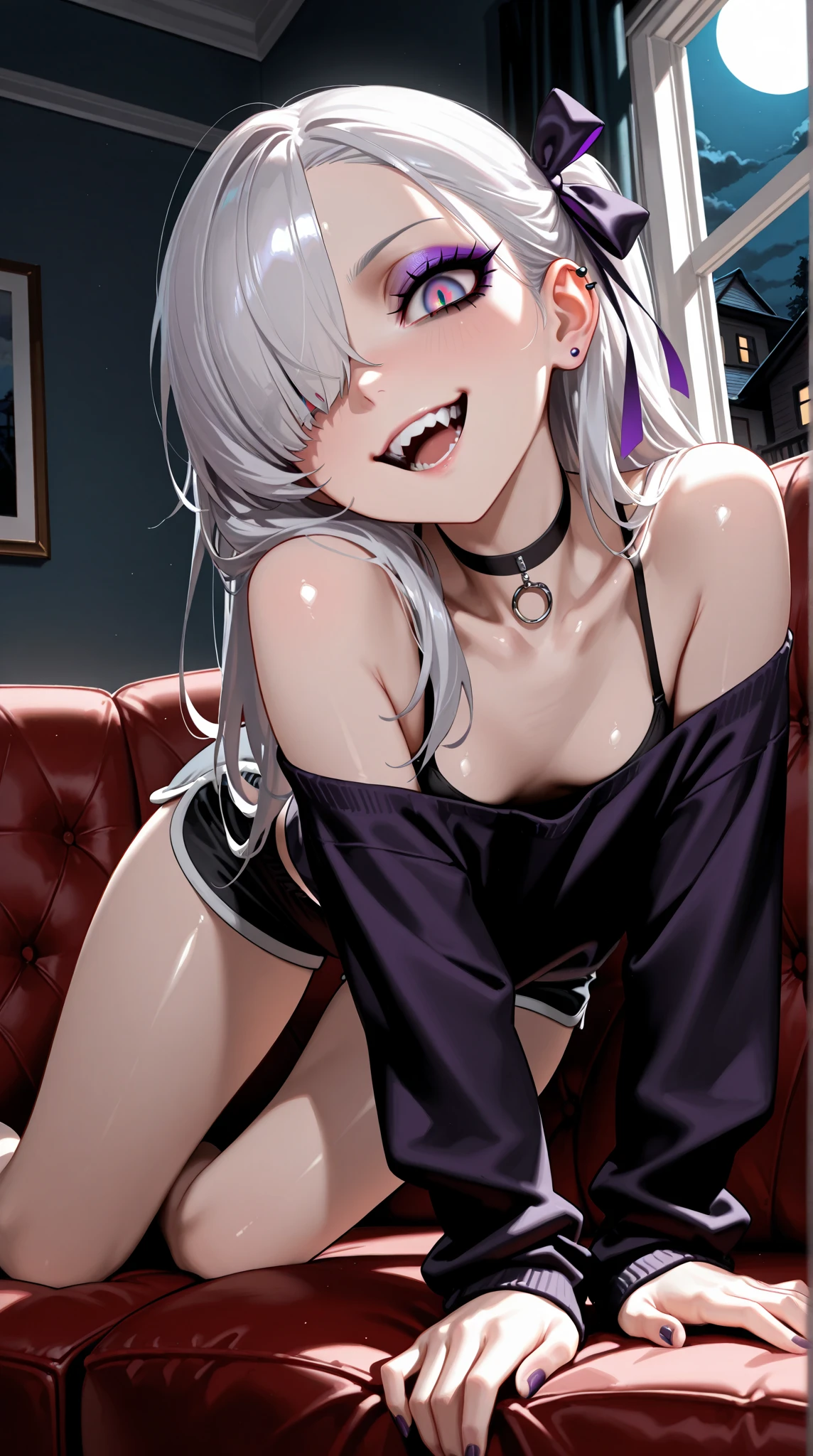 masutepiece, Best Quality, 1girl in, Solo, Long hair, Grey Hair, Hair over one eye, Hair Ribbon, Yellow eyes, facial scar, Smile, bandaged arms, Black collar, breasts, elbow groves, medium breasts, NSFW、Full body nudity、Detailed pubic area 、Don't draw male genitals、Big、looking upwards、erectile nipple、big areolae)Close-up of the pubic area 、female pubic area、