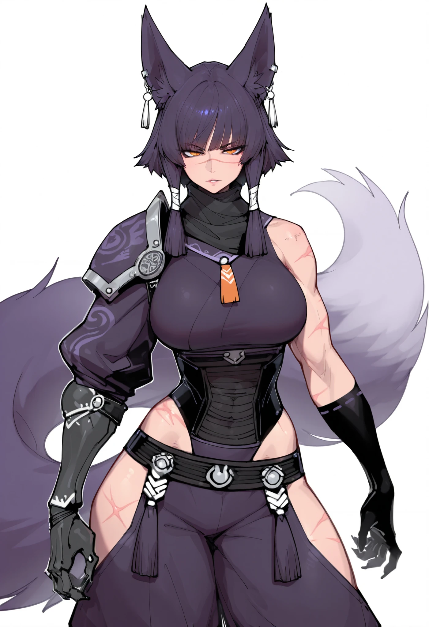 gorgeous kitsune girl, beautiful face, kitsune, hair of ash-purple color, beautiful woman, golden orange eyes, slit pupils, personalami style, volputrous body, toned woman, curvy and athletic, fox ears, short hair, dark adventurer jacket, buggy pants, single pauldron, single vambrace, single gauntlet, black hands, fox tail, attractive proportions, scars on body and face, defined athletic arms and legs, athletic lanky body, fox ears, calm dominant expression, hair tubes, half-closed eyes, big breasts, huntress, masterpiece, ultra definition, simple white background