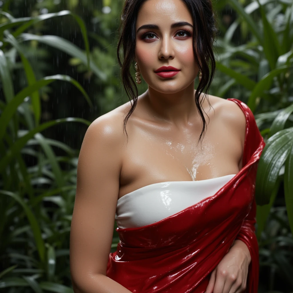 An Indian beautiful woman with fair skin, a long face, big red lips, attractive eyes, her lips glowing with pink lipstick, large round breasts, milk flowing from her nipples, sitting with her legs spread wide apart, completely naked, living with water in her surroundings, having an Asian complexion with smooth white skin, long black hair, a naked body, a dark forest background, with a long penis covered with pubic hair, and wearing a sensual smile.
