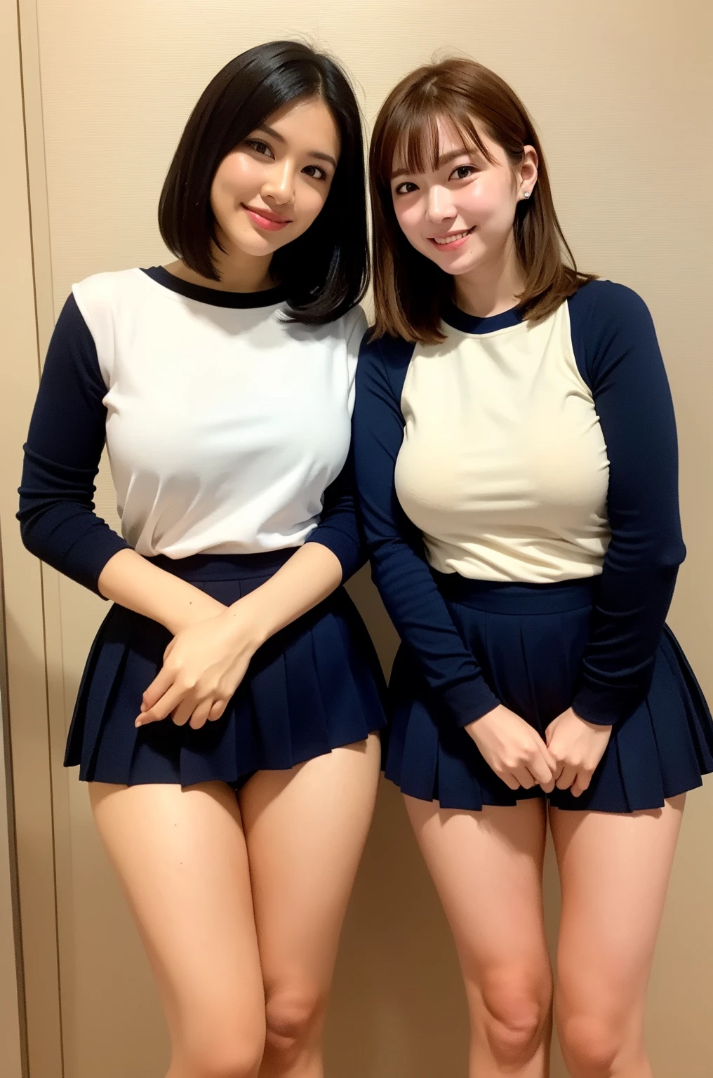 Japanese women, (smile:1.05),Browsing Caution、8K,Highest quality, masterpiece, Very detailed, 超High resolution, Realistic, RAW Photos, , Absolute Resolution, Complete limbs、Complete Anatomy、Perfect beautiful skin、cute女の子1人,cute女の子 、(smile:1.2)、Lolita Girl、(school uniform:1.3)、(sleeveless white shirt:1.1)、((((If you raise your right hand above your head, you can see your armpit.))))、((((左手でPleated skirtを掴んで捲るとWhite pantiesが確認できる))))、Accentuate your thighs、cute女の子、 Japanese Girls、(bedroom:1.2)、Mix 4, (16K, Raw photo, Full body portrait、Best image quality, masterpiece: 1.45), (Realisticな, Photorealistic: 1.37 Two Girls, cute, Professional Lighting, Photon Mapping, bedroom, Physically Based Rendering, Dark brown long bob hair,Beautiful, well-groomed eyes、double eyelid、With a girl, (((A sleeveless white shirt worn by a Japanese high school girl、Pleated skirt、Dark blue short socks、loafers))), Highest qualityの写真, High resolution, 1080P, (Clear Face), (Detailed face description), (Detailed hand description), (masterpiece), masterpiece、Rich details、(Beautiful Faces)、(Highest qualityの写真)、(Detailed eyes)、 in front of you、Thin clavicle、((Slim and large))、(((Japan wears sleeveless shirts)))、((Pure Idol))、((明るいbedroom))、(Shot from random perspectives)、(((White panties))),smile、Drawing the whole body from the knees、No nasolabial folds、(((Large firm breasts:1.2)))、Firm big ass、Two arms and two legs、(((from the front:0.4)))、bare hands、Symmetrical eyes

