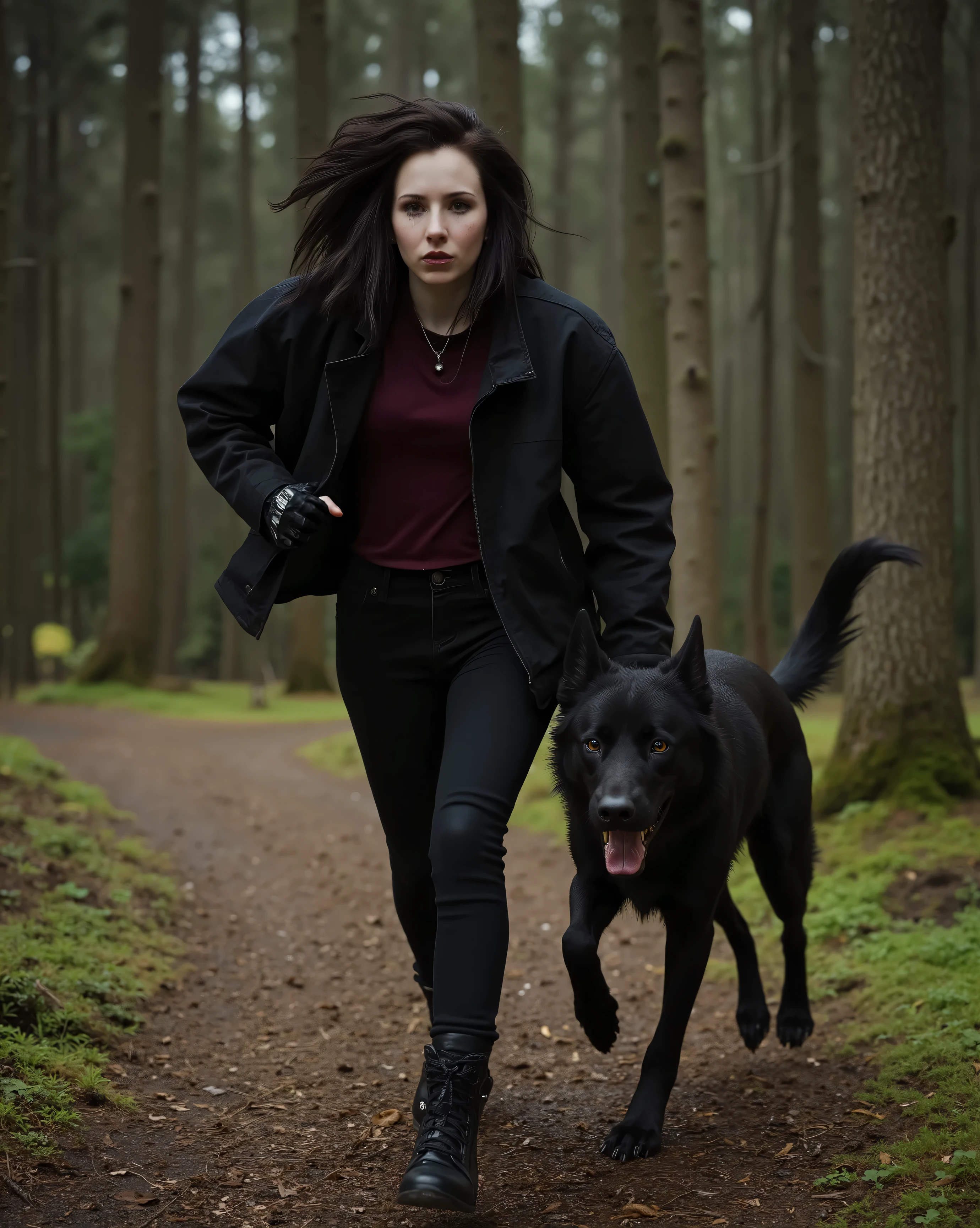 a sinister bizarre punk woman running very fast through the woods with her black wolf, resolution 8k, Ultra-Detailed, film-grade lighting, Dramatic reflections, Deep contrast, hyperrealistic textures, heavy narrative composition, woman and an intense psychological atmosphere.