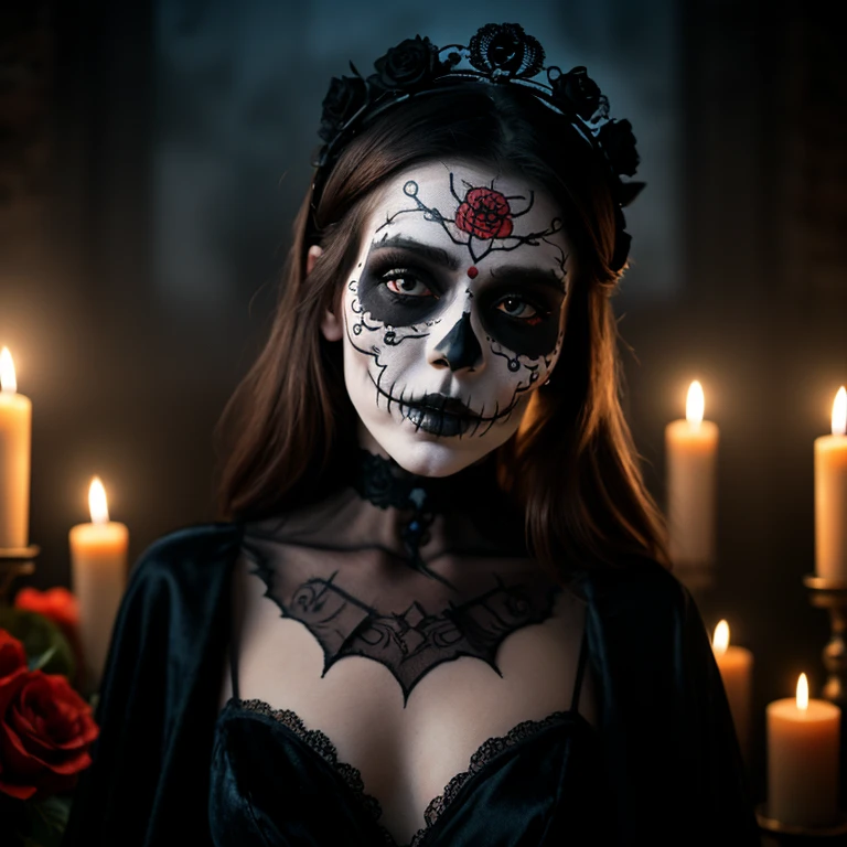 WOMAN ENTITY CALLED SKULL ROSE, WITH THE HUMAN FACE OF A BEAUTIFUL WOMAN WITH RED LIPSTICK AND HALF OF A SKULL'S FACE, SHE HAS SHORT WAVY HAIR, WITH MANY COLORED AND PURPLE ROSES IN HER HAIR AND HAS A VEIL THAT COVERS HER BLACK LACE ROSE, SHE WEARS A PURPLE DRESS WITH LACE AND MANY LACES WITH CRUCIFIXES AND SHE HOLDS A LIT RED AND BLACK CANDLE IN HAND, SHE WEARS A BLACK LACE GLOVE