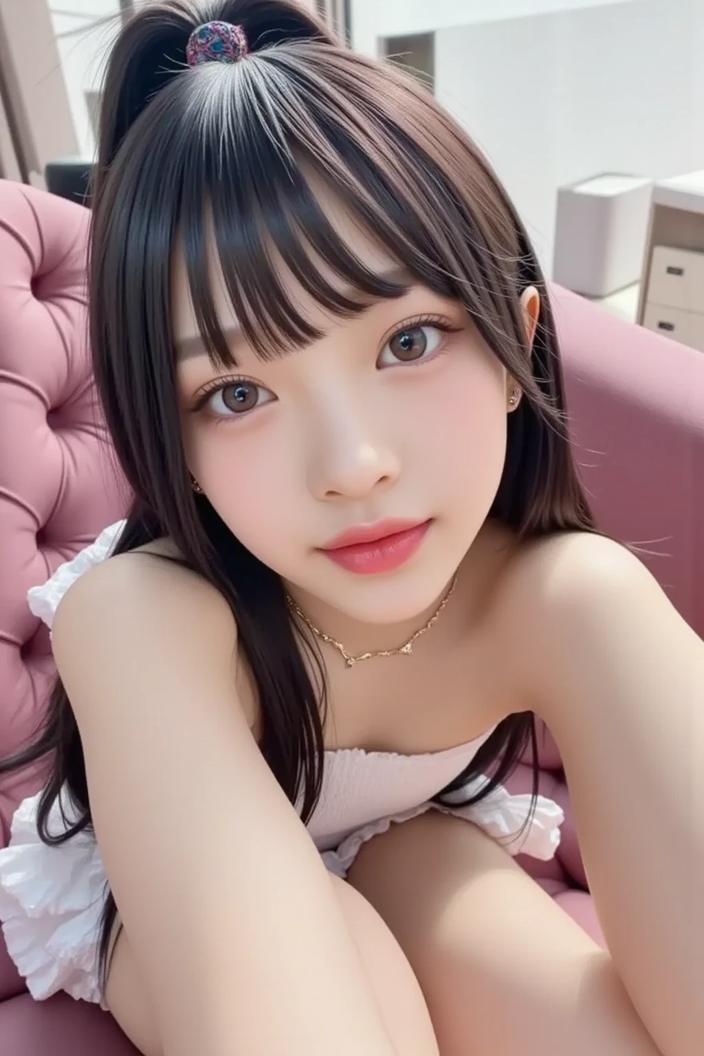 ((best quality, masterpiece, ultra-detailed),(8K wallpaper),(1girl, , cute, gal), break, (cleavage:1.3) break, (invite, draw in:1.3), perfectly trimmed fingers, break, ((small breasts:1.2), ultra-detailed brilliant big eyes, large pupil, (ultra-detailed brown hair), parted bangs), break, ((Intricate details)), eyes and faces with detailed, break, ((masterpiece, best quality, ultra detailed, detailed face, 8k)),((bikini,micro bikini)),((thin waist))、((pink bra:1.2))、((Are standing、Swimsuit that cuts into the crotch))、(look at the viewer、body facing the viewer)、photo from the waist up、cute smile,