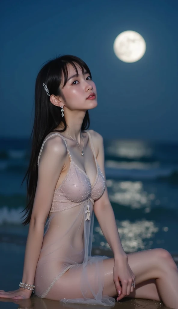 ((Highest quality)), ((masterpiece)), (detailed), Silhouette-Lighting , (Japanese), 14 years old, Straight Hair, Girl, ,small Breasts, (naked),topless, (Blue eyes),half-smile ,Silhouette Lighting, (Moonlit Night) , arched back ,beach,Water's Edge,



