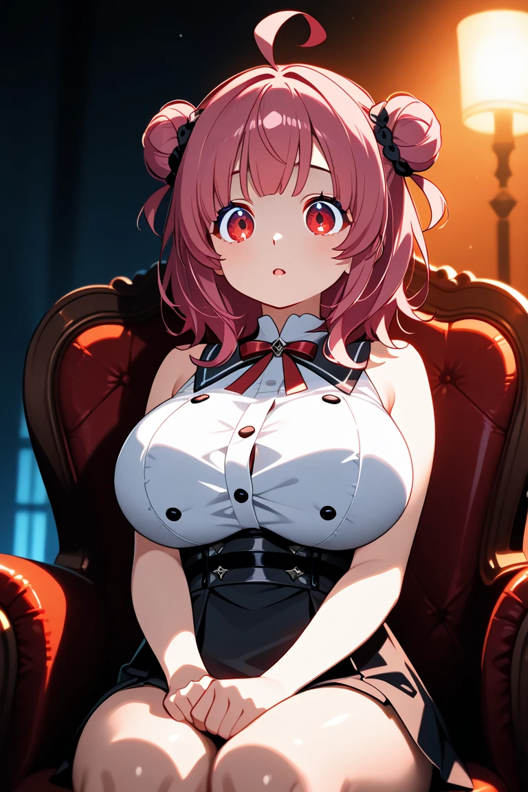 Anime illustration、highest quality、A short and voluptuous companion、Red dress、Serving customers on the sofa、Perfect proportions、indirect lighting、chandelier、High-end club、overwhelmingly big breasts、Thick legs、Beautiful, shining eyes、Cowboy Shot、smile、Excessive sweating、Noise Reduction