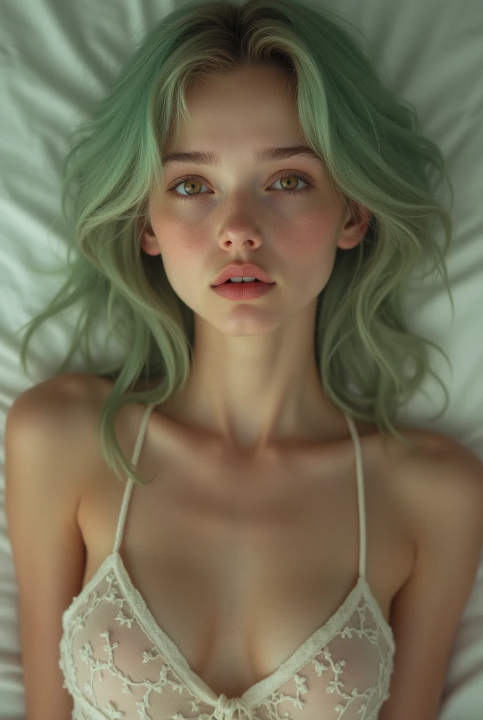 Very skinny girl lying on the bed, sprayed with milk,open legs, slender, 11 years old, fragile body, Thigh gap, pelvic bone, rib bones,dark green hair, Legs open