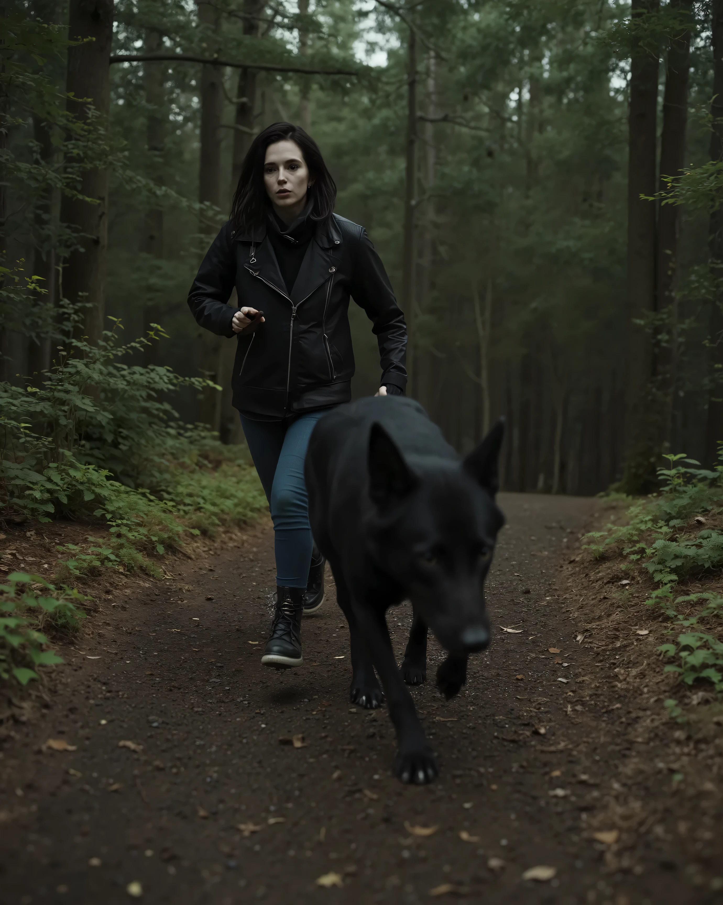 a sinister bizarre punk woman running very fast through the woods with her black wolf, resolution 8k, Ultra-Detailed, film-grade lighting, Dramatic reflections, Deep contrast, hyperrealistic textures, heavy narrative composition, woman and an intense psychological atmosphere.