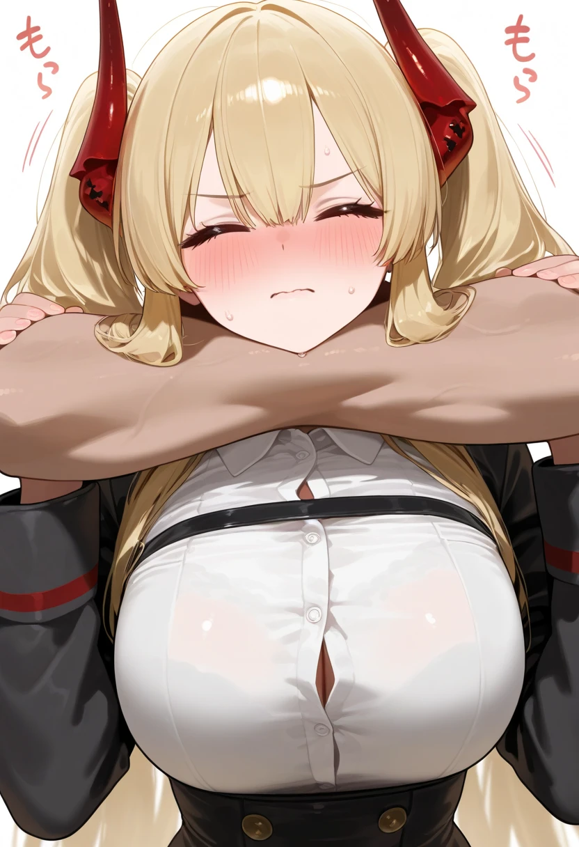 (One lady)、One Man、Golden hair, bionde, Double-sided up hairstyles，Two-side-up、(Red ribbons)、grey  eyes，(large full breasts:1.3)、(breastsout:1.3)、(thighs thighs thighs thighs:1.25)、(Valley:1.25)、(SEX) , doggystyle, (1boy:grabbing from behind), sex from behind,Beautiful expression、beautidful eyes、grey  eyes、(Sweat), (blush:1.3), glareing,(sweat on the body),(Open your mouth wide to the maximum)