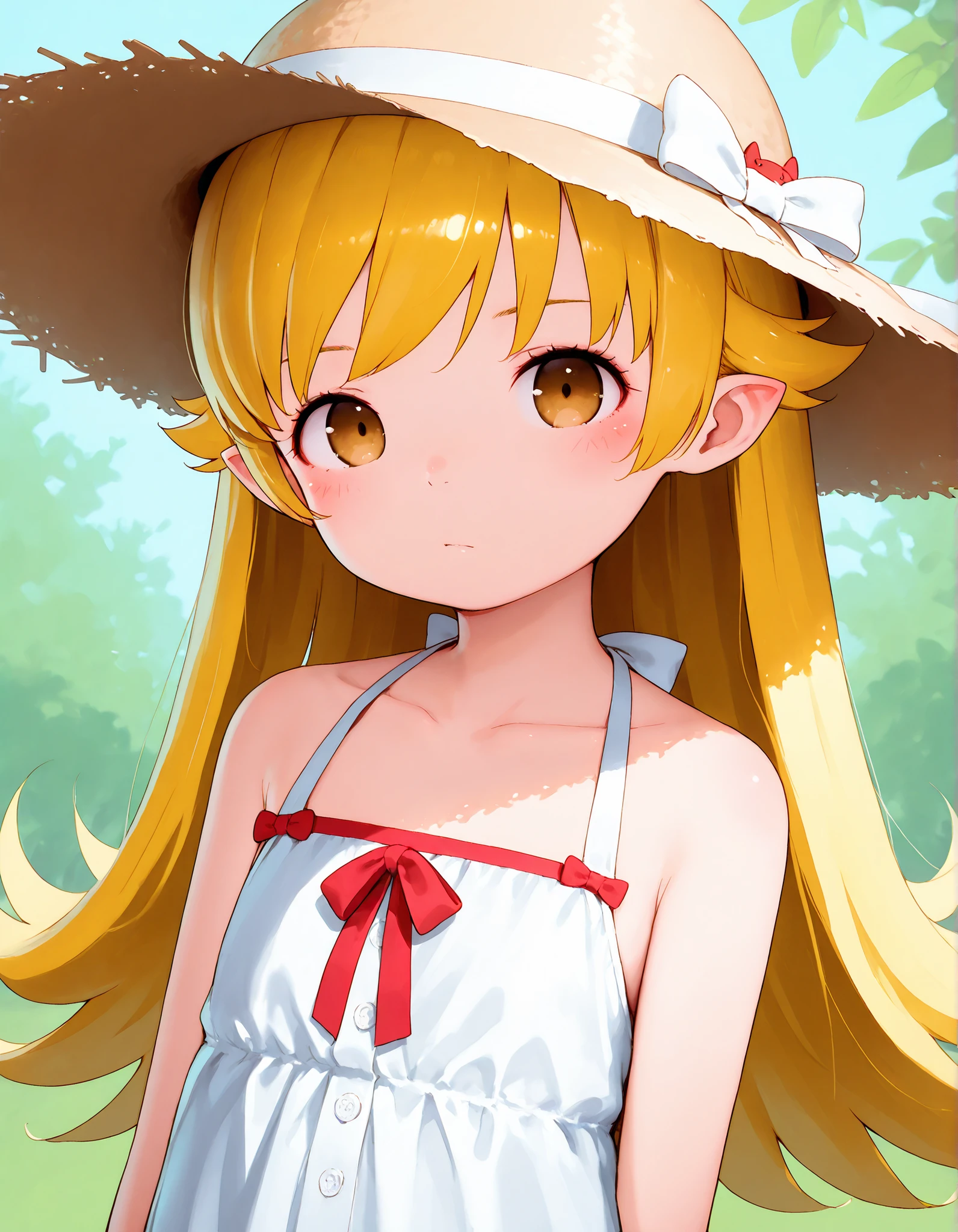 hideousbeing, solo,
hideousbeingStyle, 1girl, bare shoulders, blonde hair, blush, bow, brown eyes, closed mouth, collarbone, dress, hat, hat bow, hat ornament, long hair, looking at viewer, monogatari (series), oshino shinobu, pointy ears, red bow, sleeveless, sleeveless dress, straw hat, sun hat, sundress, white bow, white dress