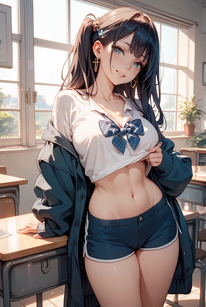 ((Best Quality)), ((Masterpiece)), (Details: 1.4),Anatomical, Award-winning concept art, Beautiful, Fine details, 1 girl, Solo, Full length painting, Head to knee, Undergarment, Panties, Skirt, White panties, Wet, Shirt, Wet clothes, Skirt lift, Blush, Classroom, Navel, Clothes lift, Bow, Simple background, Lift yourself, White shirt, Uniform, Look away, short sleeves, clear nipple irregularities
