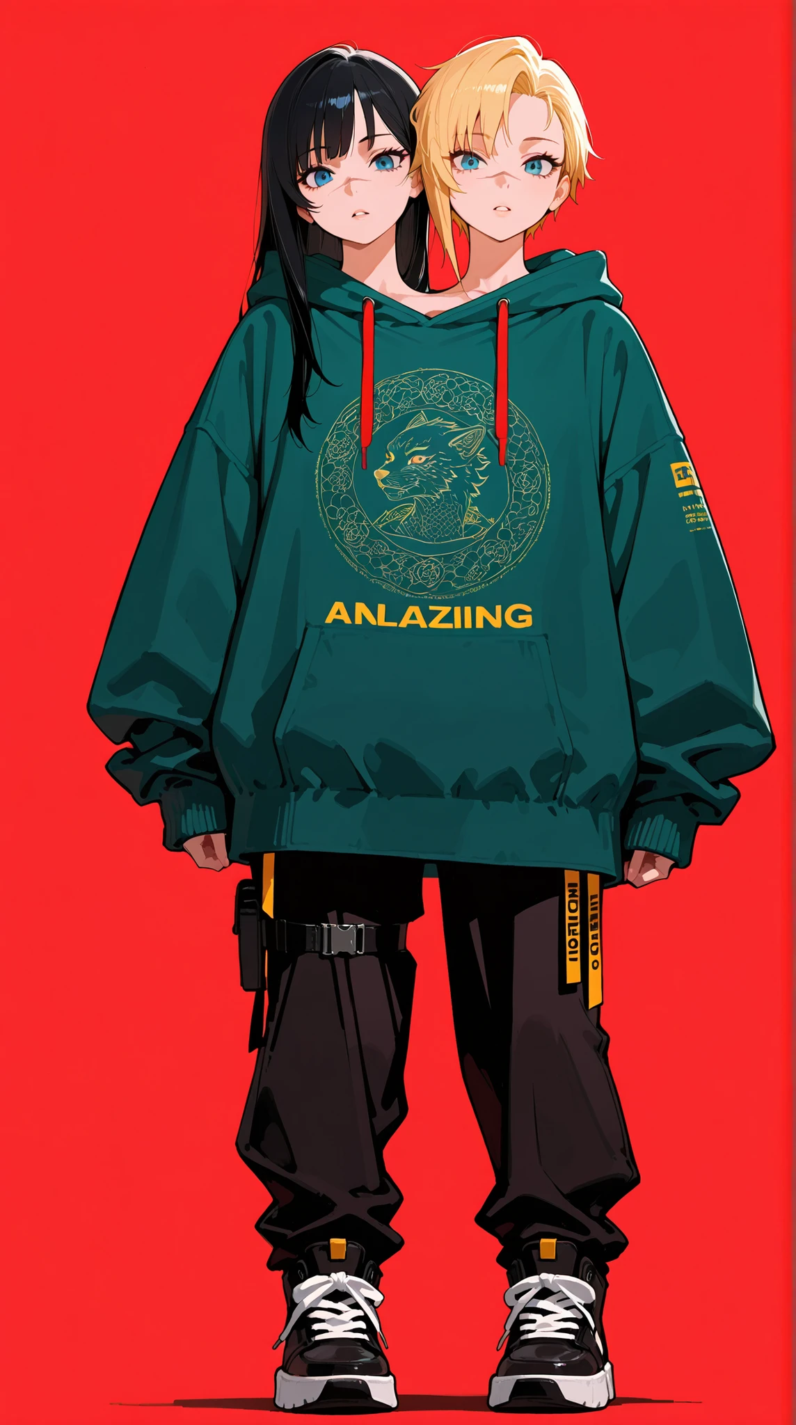 conjoined, 2girls, 2heads, two heads, a tall thin girls with 2 heads, blond hair, black hair, single sidelock, long hair, short hair, blue eyes, scar on nose, oversized baggy green hoodie, full body shot shot, standing, looking at viewer, eyelashes, parted lips, red background, simple background, techwear, thigh belt, belt, (masterpiece, best quality, amazing quality, detailed background, intricate details,intricate,absurdres, very aesthetic:1.2),