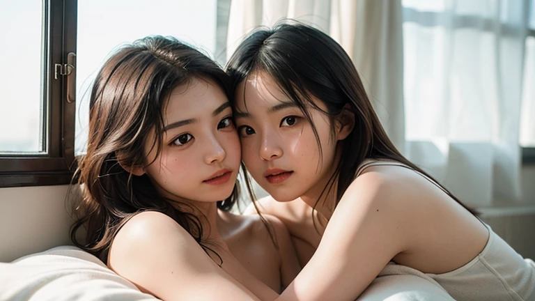 (Highly detailed CG octane rendering 8k wallpapers), Two beautiful Japan women hugging each other naked on bed、most beautiful artwork in the world, Full shot body shot photo of GITS KrystenR staring at the camera, (NSFW:0.75), Navel,Naked,full dynamic colour, Convoluted, high detailing, Sharp Focus, Dramatic, Realist pictorial art by Gregg Rutkowski