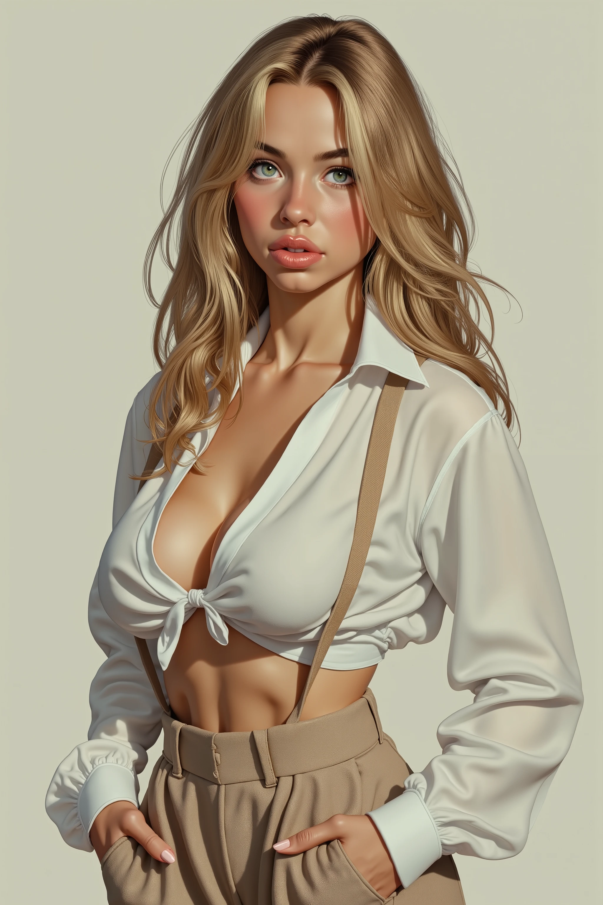 16k, high detailed picture, realistic style, masterpiece, very young girl, perfect breasts, disheveled hair, full body shot, rounded face, shy, snub nose, a long strand of bangs hangs between her right eye, light blue eyes, big eyes, hair over one eye, light hair, long hair, (sexy outfit, tight outfit, bursting breasts, tight-fitting trousers, long-sleeved white shirt, bowtie, tight-fitting vest, gigola, open shirt), portrait
