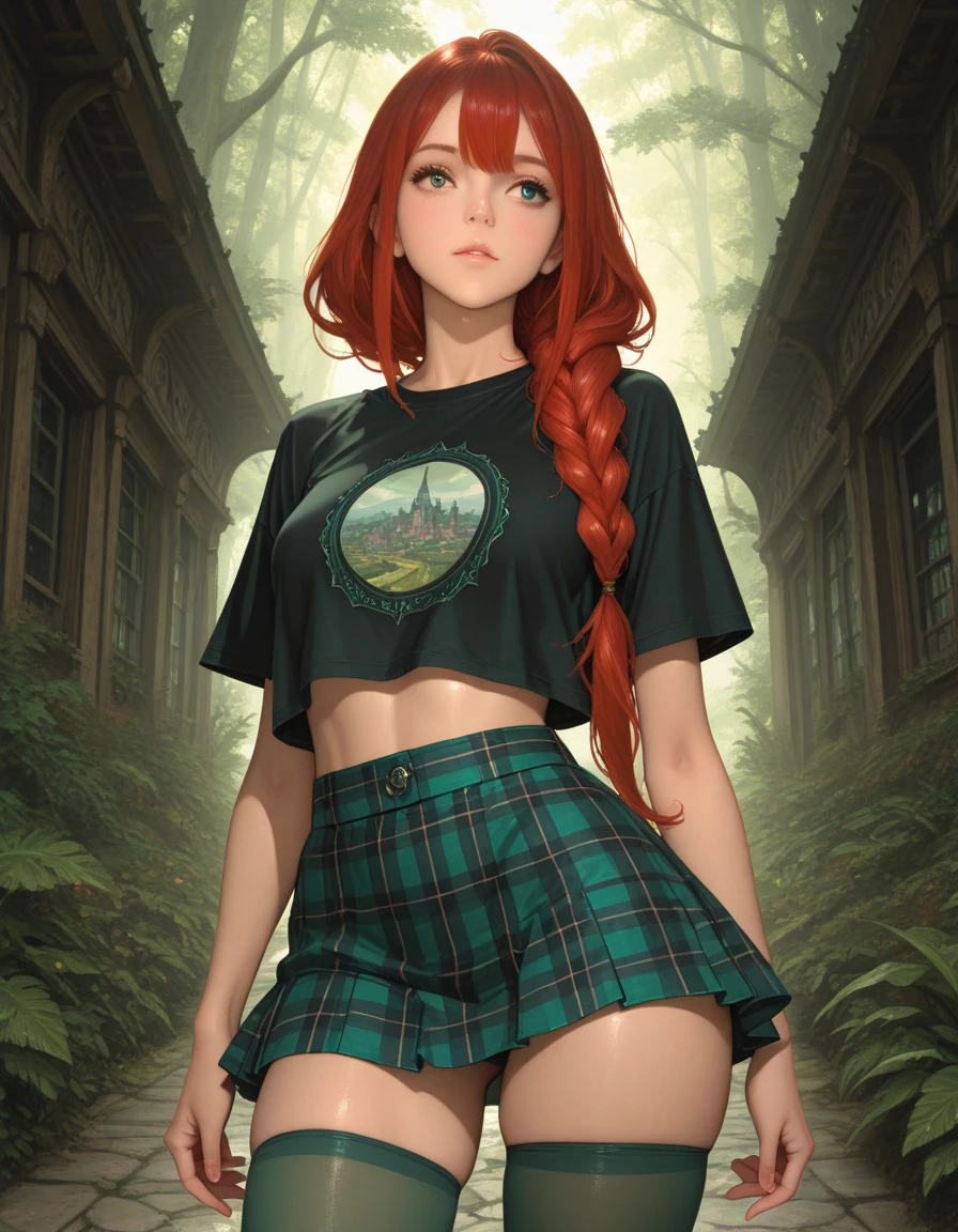 Red hair, 1.70 height, mini school skirt, school skirt with red checkered ,small, small butt,black top, white skin, big tattoo on leg, black socks up to kneecap, long hair, Ukrainian, girl, high quality, high skin detail, in a forest,8k,smile,sexy body