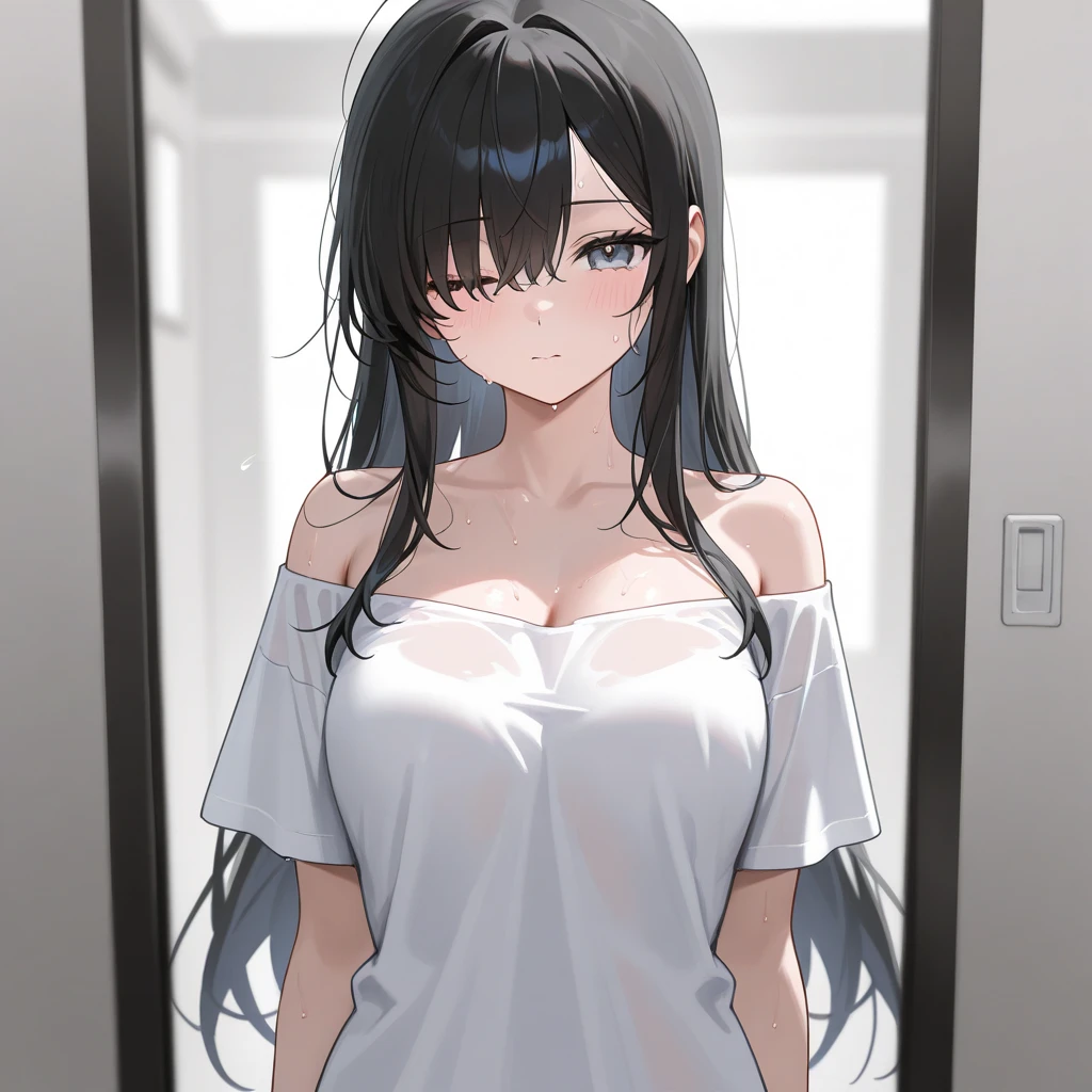 Heroine long black hair wearing bath towel bathroom