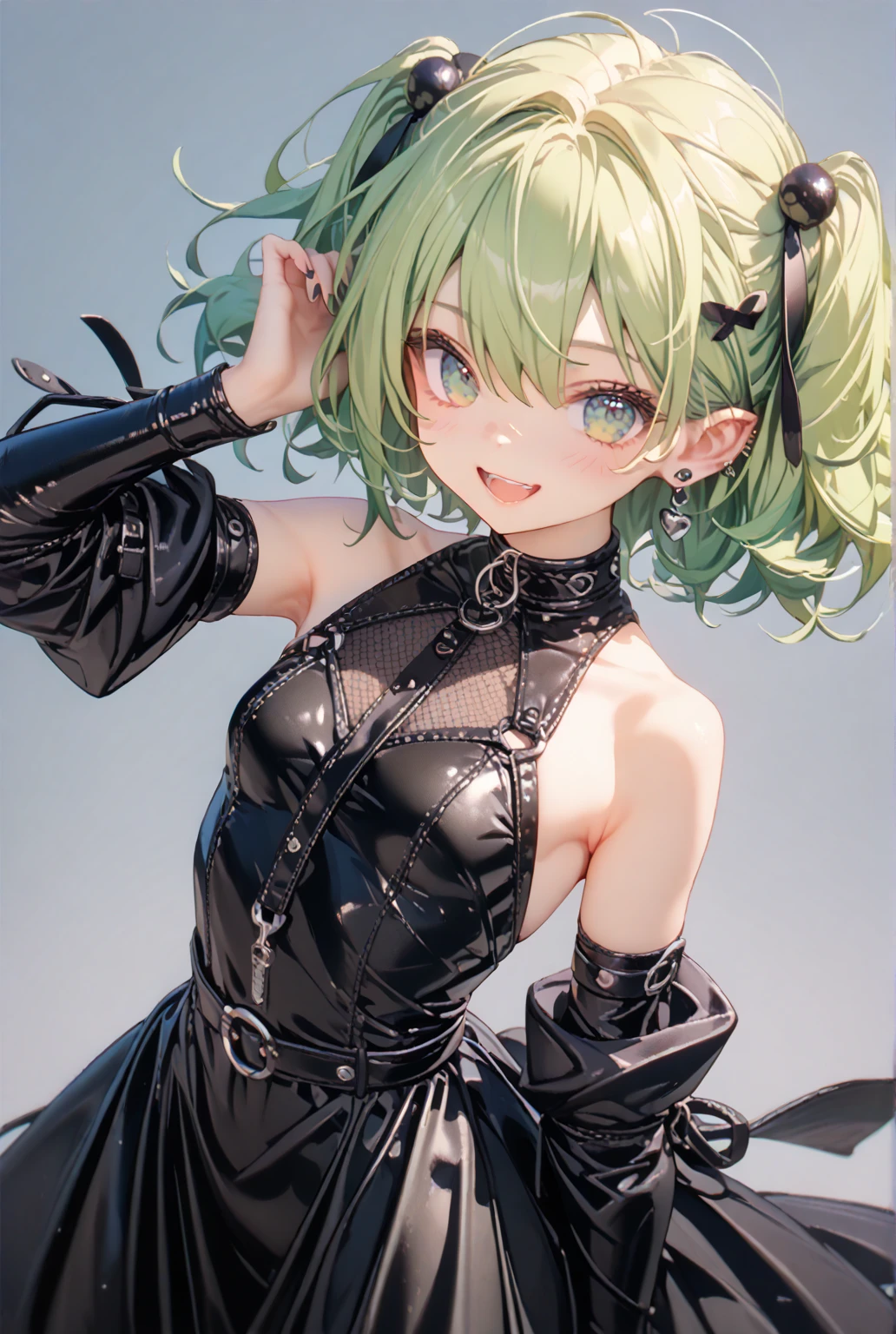 Erotic、Light green short hair、Short curly hair twin tails、Big Breasts、Gothic ta、Tight waist、Pink and black latex dress Pink line、adult、Married Woman、Evil female executive、tall、sexy、Wicked Smile、lure、Alluring、excited、Pitch black background、Dark bedroom at night、Upper body emphasis