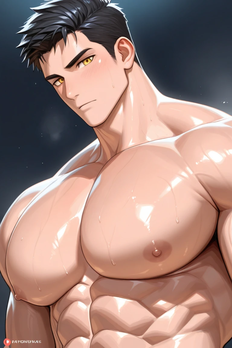 masterpiece, top quality, naked cute teen boy, muscular boys, small shower stall, big boy has huge pectoral muscles, big boy presses huge pectoral muscles against glass, rubbing big body against glass, glass with big boy's huge heavy body, muscular male, pectoral muscles, big nipples, cute, male, abs, NSFW, sexually suggestive, anime muscles, bulge, pectoral muscles, bangs, yaoi, sweating, blushing, {{detailed face}}, {{high quality}}, {{detailed eyes}}, shirtless,