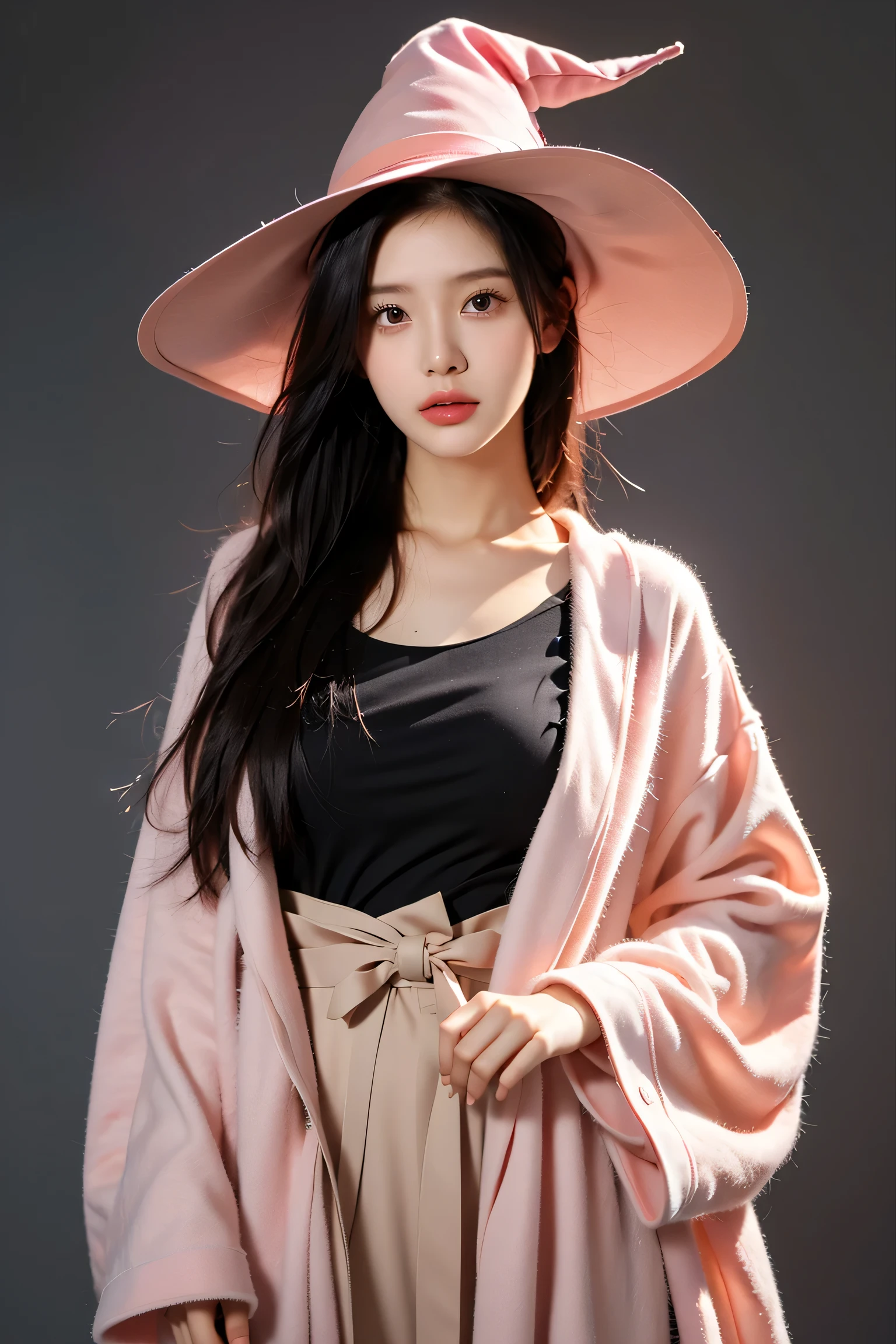 ((Best quality, 8k, Masterpiece: 1.3)), Sharp focus A beautiful woman with perfect body, magic, hat, girl, witch, wizard, Female wizard, wizard-style outfit, pink robe, pink witch hat, brown hair