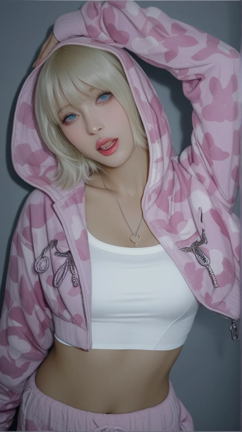 (((hoodie、Tight pants、White background、Big Breasts)))、forehead、Big Breasts、Northern Europe、Russia、beautiful girl、Platinum Blonde Hair、Straight long hair、Hitting the face and front of the eyes、Big blue eyes、Sheer white and wet nightgown、Northern Europeの若者、Perfect body、White tendons、Glowing Skin、Young and beautiful skin、A perfect and beautiful little face、Bright makeup、Pale pink lips、Bright expression、16-year-old girl、lipstick、Deceptive advertising、Viewer's vision、Golden Hour Lighting、Bokeh Atmosphere Perspective、detailed、Movie Light、複雑なdetailed、High resolution、 フェイスデザインのdetailedな特徴、Attention to detail、Clear focus、Smoothness、aesthetics、Printed、Octane、{{masterpiece}}