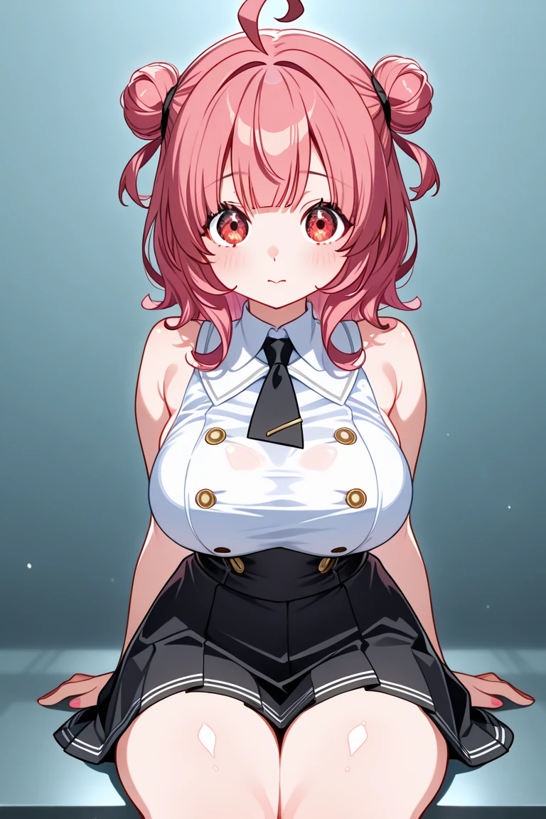 ((masutepiece, Best Quality, hight resolution, nffsw, Perfect Pixel, depth of fields, 4K, )), 1girl in, Solo, , Beautiful anime girl, Beautiful Art Style, close up, Looking at Viewer, Perfect body, Yuigahama Yui, Short hair, single hair bun, pink hair, (large boob), Full face blush, Smile, thighs thighs thighs thighs, reverse bunnysuit, red bowtie, hands behind head, white background, Focus,