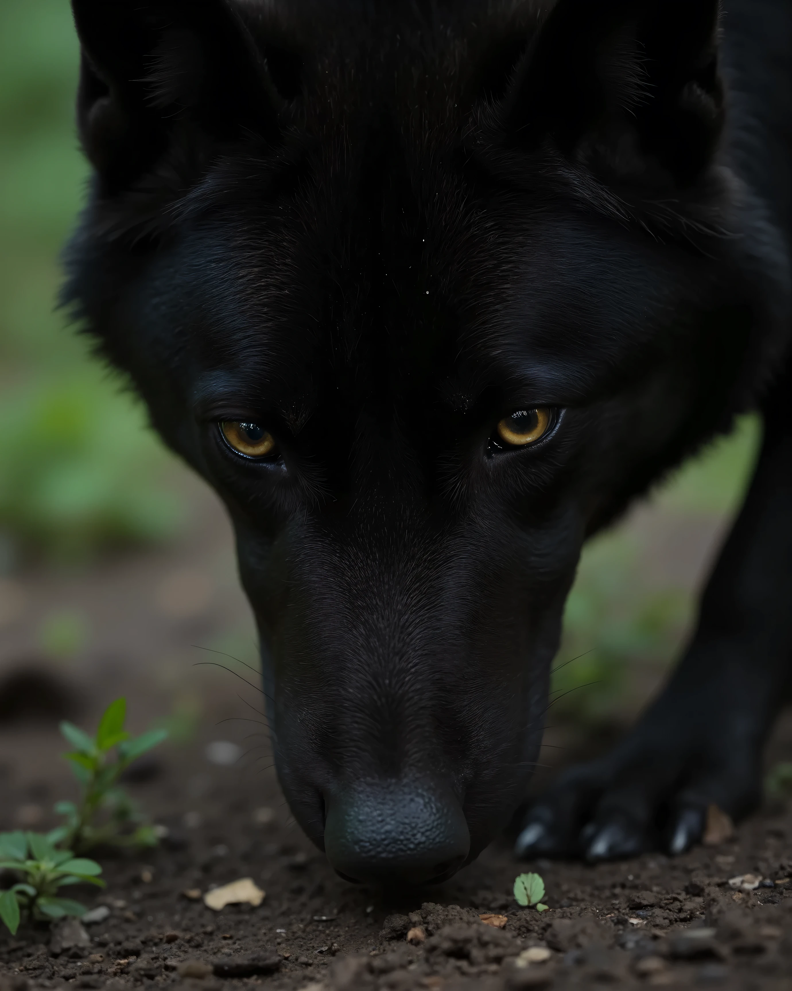 Ultra close up of A black wolf that smells the forest floor, resolution 8k, Ultra-Detailed, film-grade lighting, Deep contrast, hyperrealistic textures, heavy narrative composition, woman and an intense psychological atmosphere.