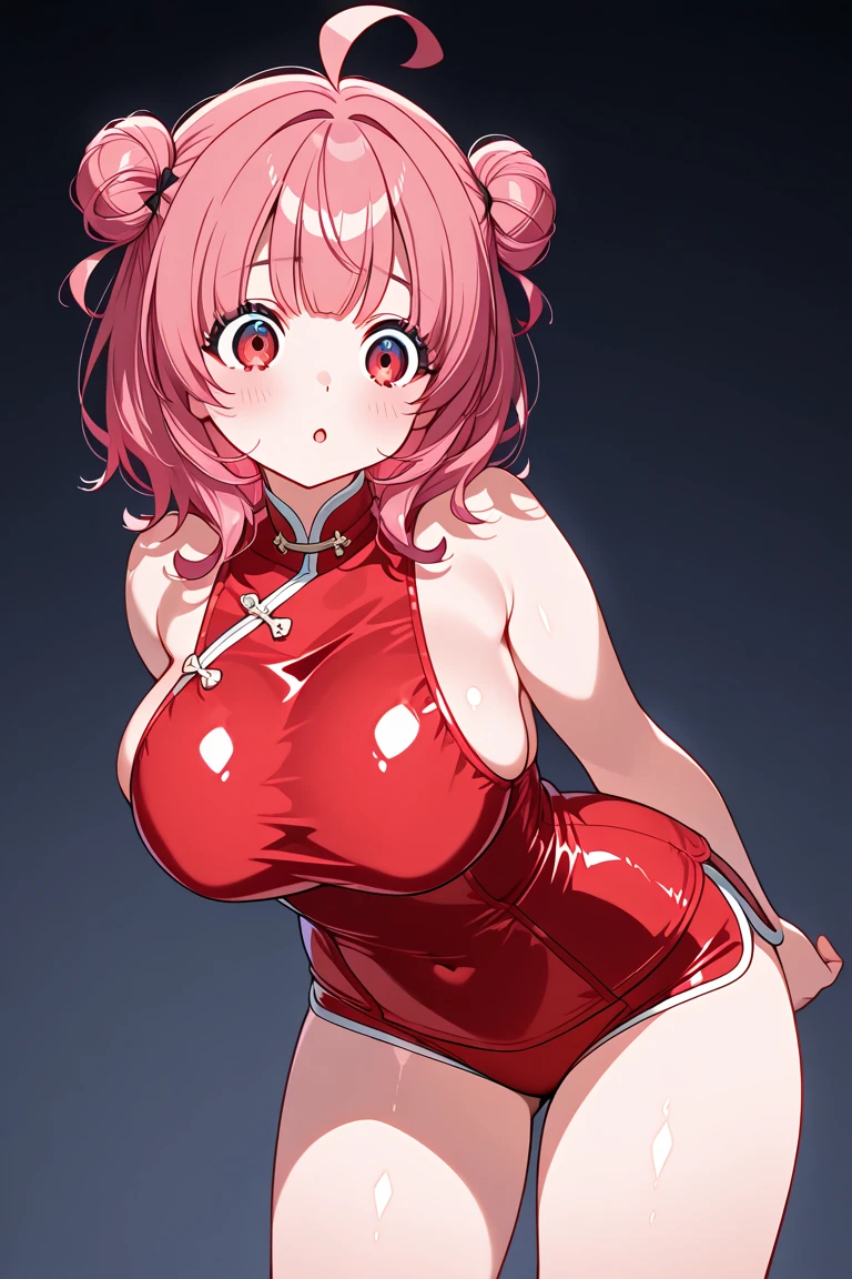 masterpiece,highest quality,(Super detailed),masterpiece,written boundary depth,perfect sentence, Detailed CG,Super detailed,(highly detailed eyes,very cute face,highly detailed face:1.3),beautiful anime girl,(solo girl:1.9),(super huge breasts:1.9),(pink hair,low twin tails:1.5),(light blue eyes:1.3),(smile full of joy:1.3),open your mouth,show viewer,break,(red cheongsam:1.5),(side boob),cleavage cutout,slit,off shoulder,removable sleeve,micro mini skirt,chinese style background,Are standing