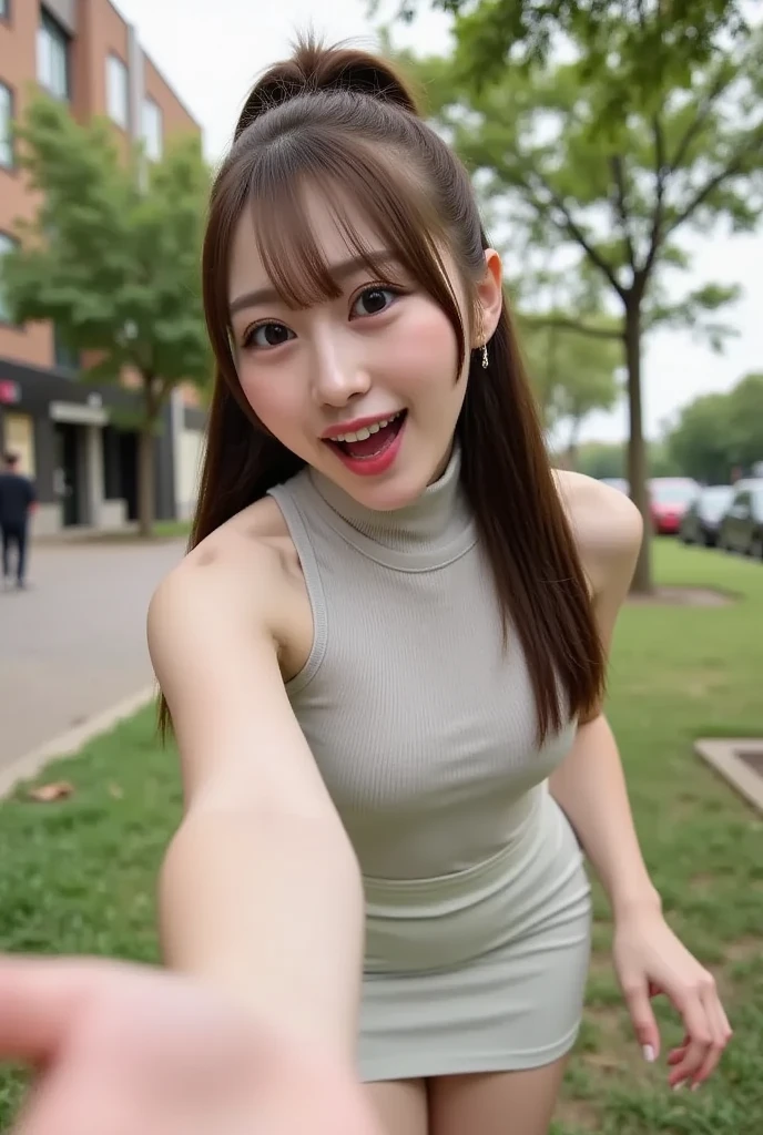 Urban Oasis Park, One Japan Girl, Laughing with White Teeth, Conversing with Female Friends, Necklace, Long False Eyelashes, Strolling, Brown Hair, Bangs, Braided Ponytail, Surrealism, Verism, Movie Lighting, First Person View, Sony FE GM, f/16, UHD, Anatomically Correct, Masterpiece, High Definition, 16k