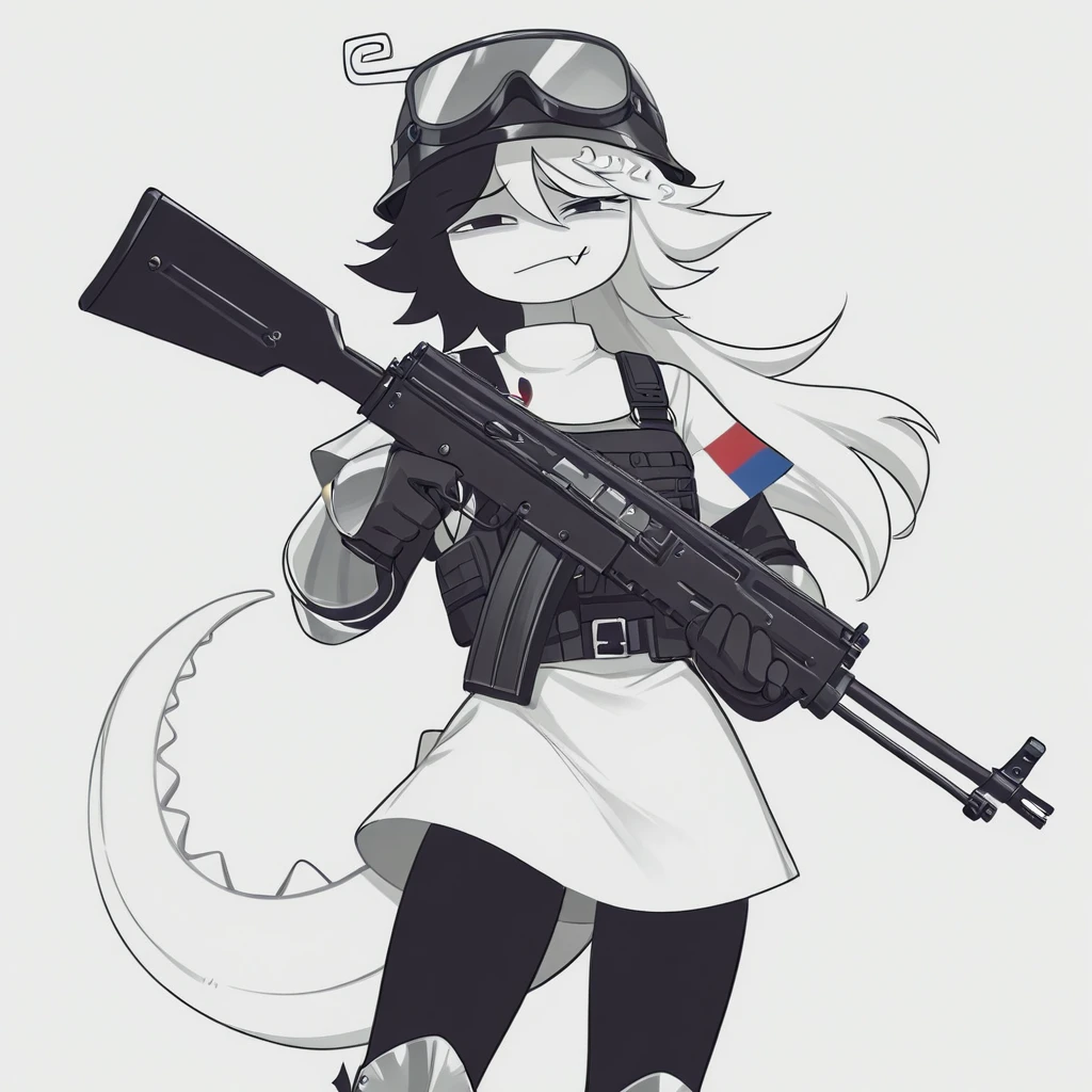 Small slim beautiful furry cub puppy with nice big thighs and wearing a swimsuit and like an admiral armed with a FAMAS submachine gun - G2.