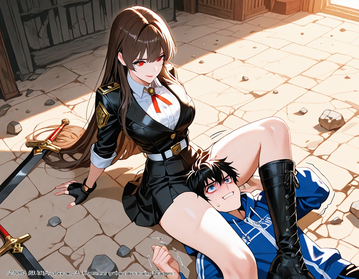 (1 boy, 1 girl), a teenage school girl in mixed bondage wrestling with a teenage boy, they are roughly the same age, the school girl is wearing a red pleaded careered skirt and a black pullover, the girl has a is a bit smaller than the boy, the girl has shoulder long hair, the boy is wearing casual clothes, teenage boy hogtied and struggling against the ropes, school girl applying more ropes to the teenage boys body, blushing boy dominated and controlled by the girl, the girl is smiling and laughing and tries to humiliate the teenage boy, the teenage boy is blushing and ashamed and is gritting his teeth, he desperately tries to break free but to no avail, the boy struggles and squirms against the ropes, the girl is sitting on top of the teenage boy to prevent him from moving and has ropes in her hands and uses them to tie up the arms of the teenage boy behind his back,the arms of the teenage boy are completely tied behind his back in lots of ropes, the teenage boy looks very embarrased and ashamed, the girl is saying „this must be embarrassing for you“ , huge struggle, many viewers watching, wrestling ring,intricate rope work, teenage boy blushing and ashamed, dramatic lighting, highly detailed, photorealistic, 8k, masterpiece, teenage school girl vs teenage school boy, femdom, power, control, beautiful teenage girl, detailed faces, teenage boy aggresively tied up by teenage girl, lots of rope, perfect eyes, detailed faces, squirm and struggle marks arround the boy