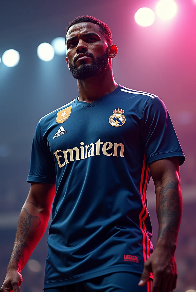 (masterpiece:1.2, Highest quality),(Super detailed),(High resolution),(Best illustrations),8k,wallpaper,BREAK(male:1.6),(Black athletes:1.6),(Soccer Player Trading Cards),(black real madrid uniform),(((Beautiful trading cards))),((Special trading cards)),(((front))),(((whole body:1.5))),(Serious),(Detailed hands),(((dynamic))),(Rainbow colored three-dimensional background:1.6),(Drawing the card frame:1.3),(Detailed drawing of a soccer ball)