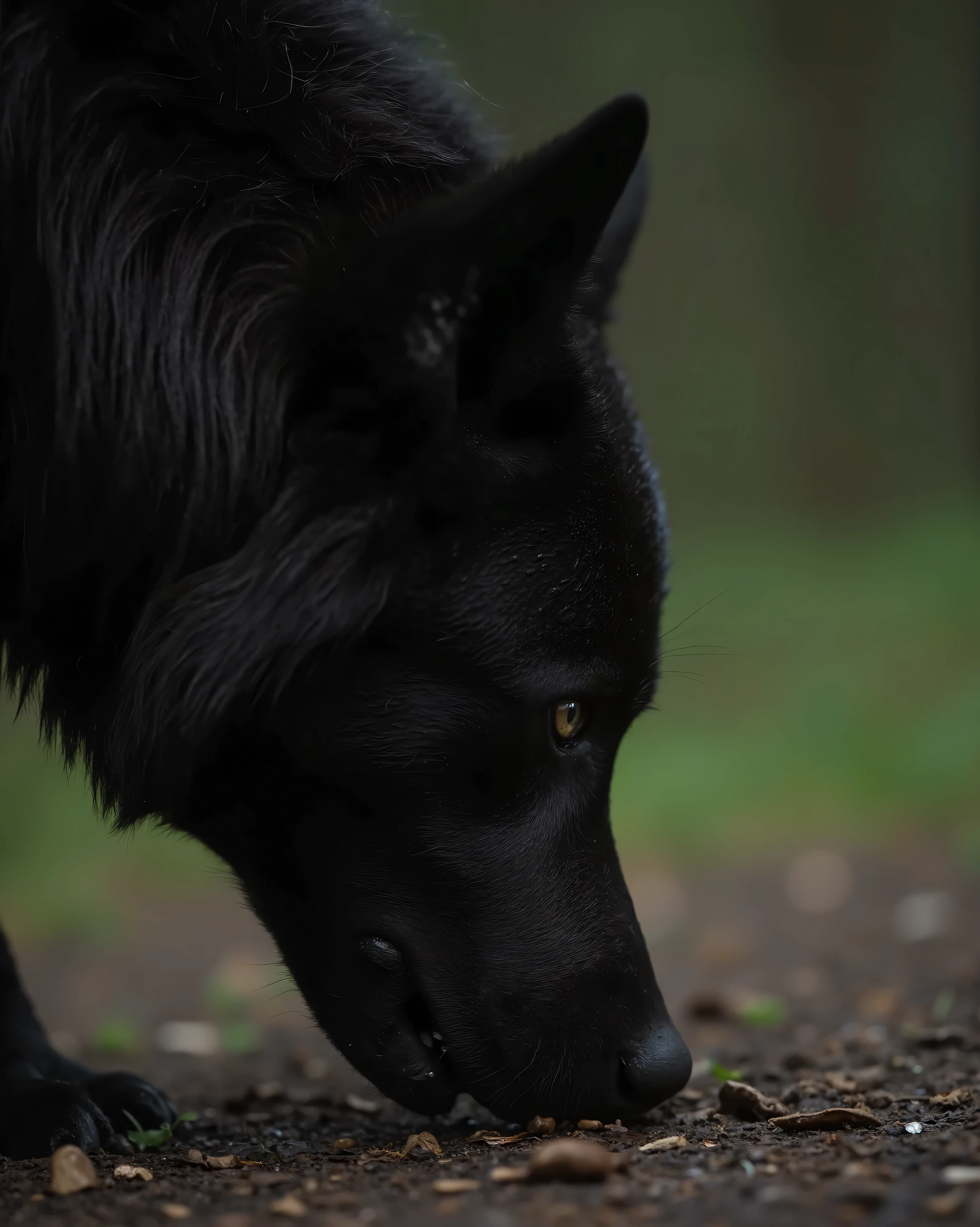 Ultra close up of A black wolf that smells the forest floor, resolution 8k, Ultra-Detailed, film-grade lighting, Deep contrast, hyperrealistic textures, heavy narrative composition, woman and an intense psychological atmosphere.