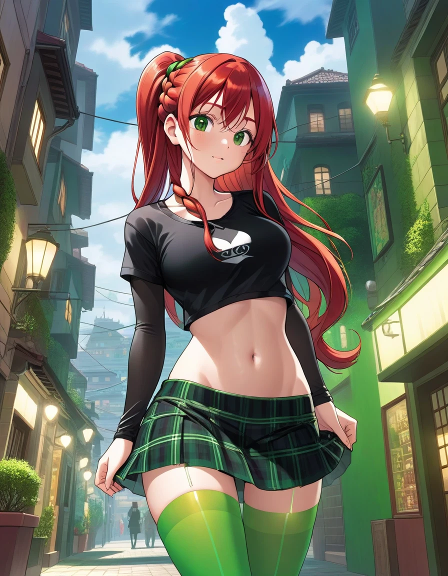 best quality, highly detailed, 1girl, cowboy shot, nakano itsuki, blue eyes, red hair, long hair, star hair ornament, ahoge, crop top, green skirt, miniskirt, medium breasts, standing, school, outdoors, smile, large breasts, small waist, very wide hips and thick thighs. smiling. Arched back. Volumetric light. Ambient light.