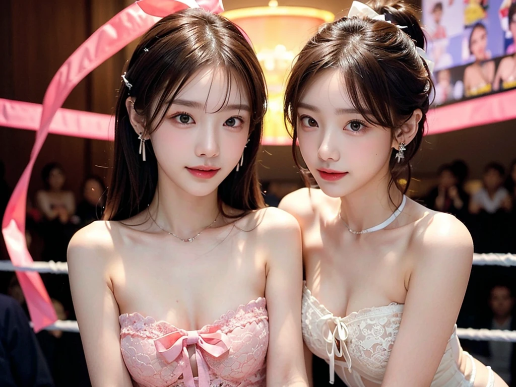 ((masterpiece: 1.4, best quality))+,(ultra detail)+, official art, unity 8k wallpaper, ultra detail, beautiful, high quality, Highlight your cute face,  masterpiece, best quality, semi straight medium length hair, (((outdoor ring))), (both completely naked:1.5)), (((bust:1.5))), High exposure,  skinny body,masterpiece, high quality, 8 thousand, natural light, no. no. No. 1 girl group idol in Korea, ((vivid:1.5)), ((brown eyes, yellow hair:1.3)), (Small and round breasts:1.3), ((colorful earrings, white neck choker, white short lace gloves)), 18 years old, small face, looking at viewer, (hairpin with larger ribbon:1.4),(skinny abs:1.1), (They look at each other and look very happy :1.5), ((Both cheeks turn red)), Accurately distinguishes between the bodies and limbs of two people..:1.5, (sparkling eyes, beautiful 가슴묘사, small nipples:1.5)