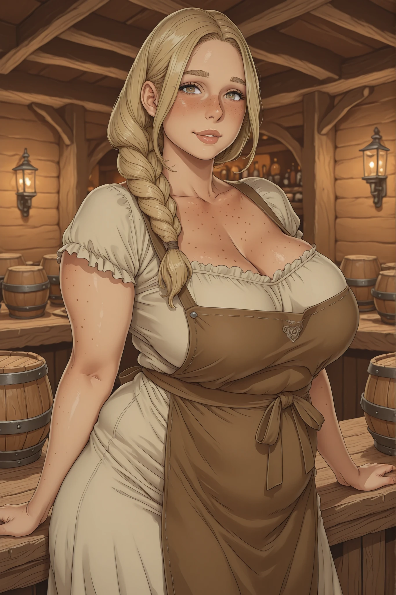 score_9, score_8_up, score_7_up, score_6_up, score_5_up, score_4_up, medieval fantasy barmaid standing at bar in tavern looking at viewer, huge breasts, corset, bursting breasts, blonde hair, big lips, red lips, mature 