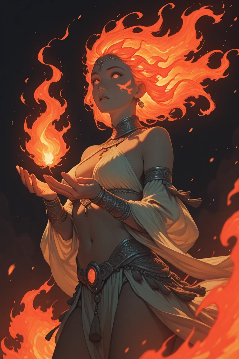 a woman with red hair, beautiful detailed eyes, beautiful detailed lips, extremely detailed face, long eyelashes, standing in front of a fire and water background, anime drawing, Lü Ji art style, cgsociety, fantasy art, anime aesthetic, cinematic lighting, dramatic lighting, vibrant colors, 8k, high resolution, best quality, masterpiece