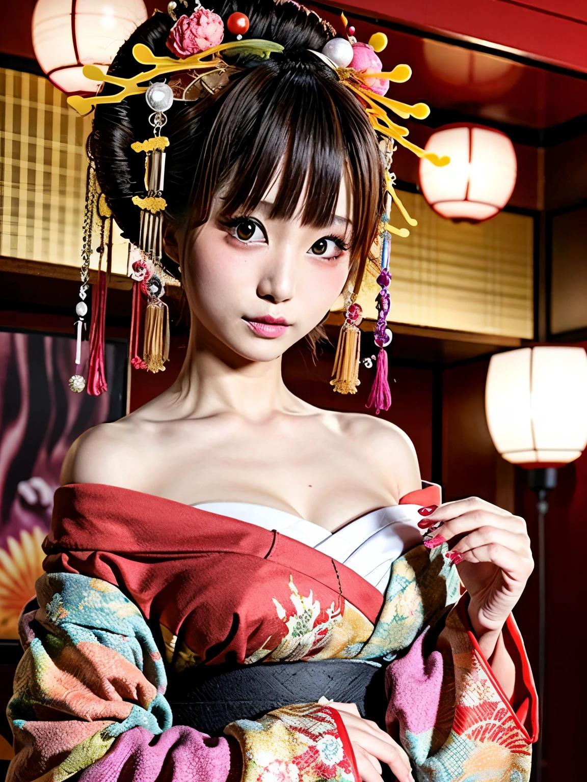 Oiran、Gorgeous Japanese-style beauty、The background is dark fantasy、The angle is a bird's-eye view