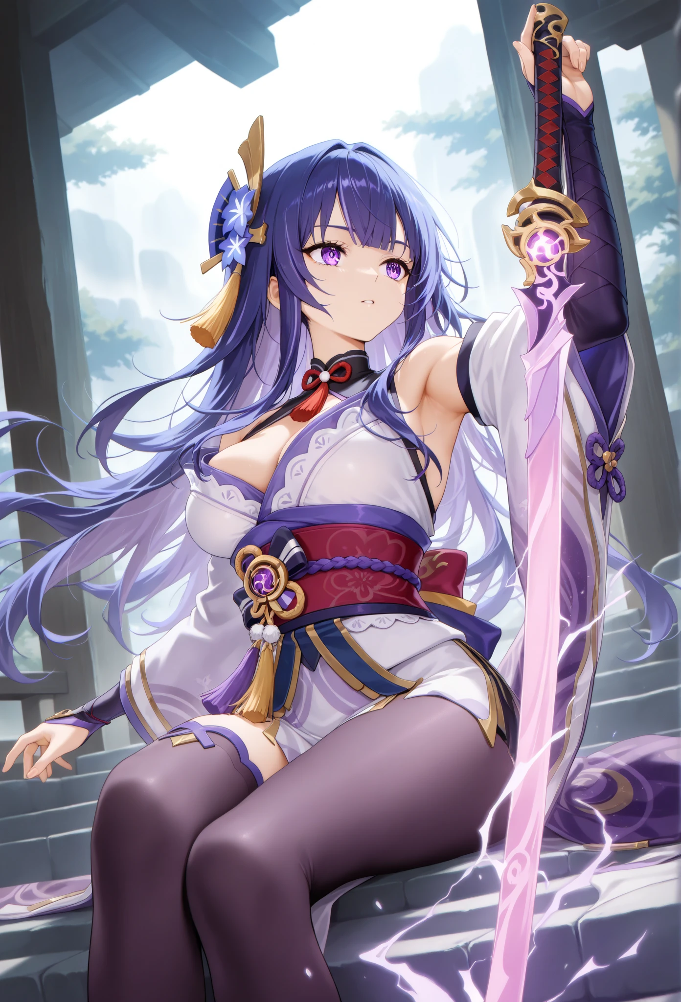 Raiden General Genshin Impact ,ssee-through,Fleshy thighs,Thunder Sword,Pose,Poster publicity style,Simetall,busty figure,C cup,Happy expression