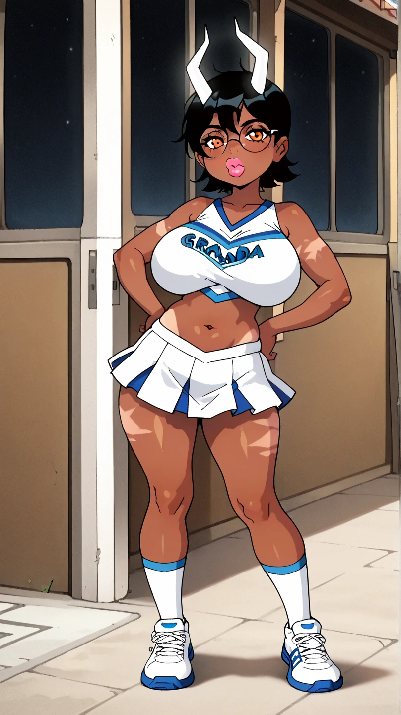 1 hot girl, very dark skin, black eyes, grin, gorgeous, african, short bob, school girl, young teen, dark blue school swimsuit, closeup, at locker room, teasing, huge breasts, shortstack, hands behind head, armpits