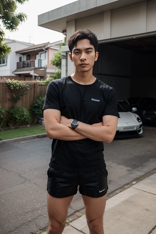 nature male、30 years old、male、Japanese、very handsome、abs、Pectoral muscle、ck black-underwear、sexy pose、body hair、smile,full-length picture