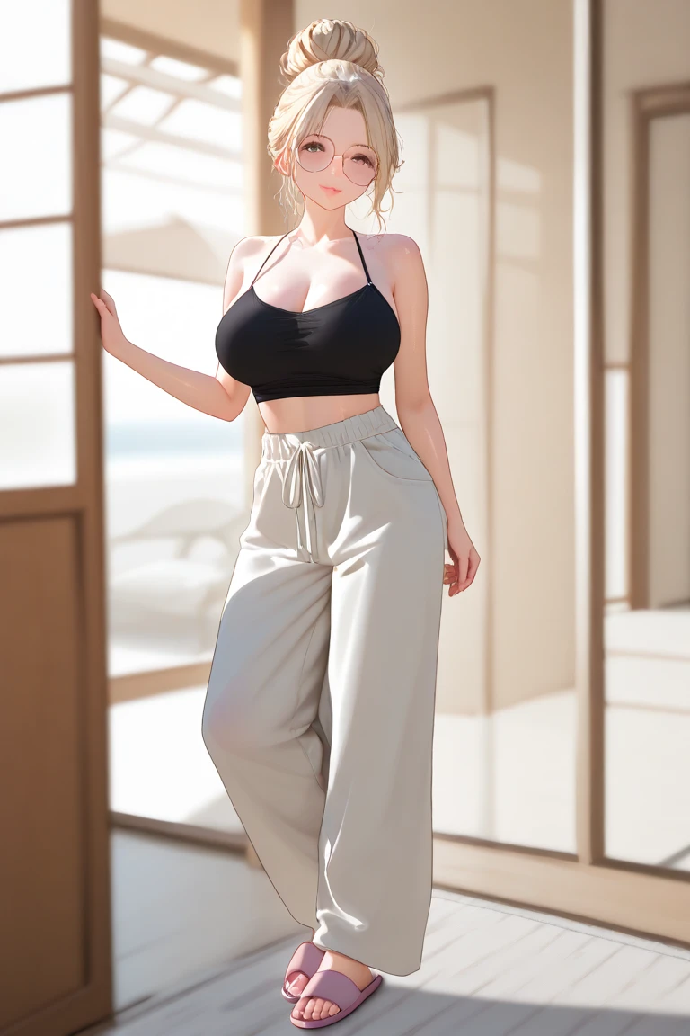 24 year old Caucasian female、Silver Hair、long hair、Hair becomes wavy、Outstanding proportions、Wear a sheer romper decorated with lace、Breasts are visible through the skin、I can see my belly button、Wear low rise leggings、Wear stiletto heels、Cowboy Shot、sexy pose