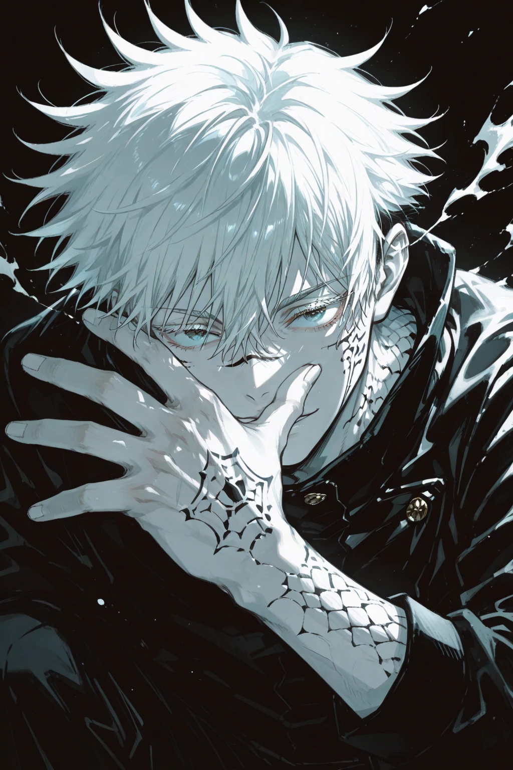 draw gojo satoru from jujutsu kaisen in the air with iconic pose , manga panel, high resolution, black and white colour scales, black or white background