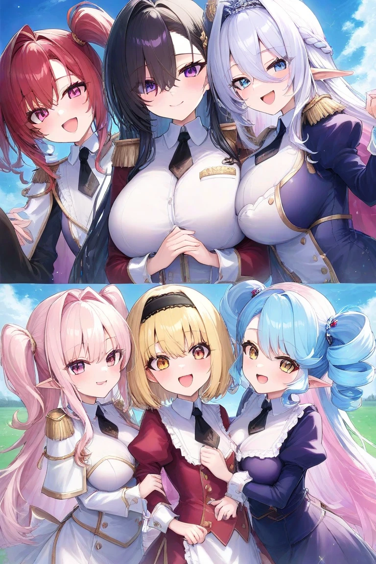Texture CG, ((Ultra Detail Art)), ((​master piece)), (extremely details CG),Multiple girls,3girls,sitting,nsfw,ragnarokarch,sexy gal , gyaru,beautiful breasts, beautiful legs, show off panties ,panty shot,  wind lift ,((string panties),(white thin panties)),clothy_aside, clothing aside, clothes lift, pelvic curtain,(((White Puff Sleeves))), white thigh thighs, Gold Sash ,White blue dress from neck to chest,  cleavage cutout, Long blue skirt with slit, (Blue Wide Sleeve), (Blue Dress Short Front), long hair, blonde hair, pink hair, silver hair, Curve, Beautiful detailed eyes , gleaming skin, open mouth ,light smile, embarrassed:1.4, outsides ,clear sky, in summer ,windy ,garden, 