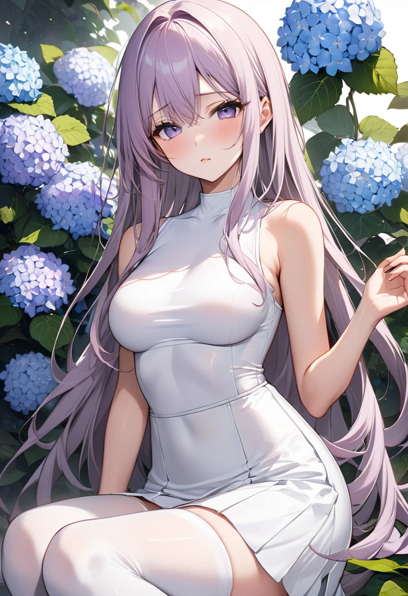 A beautiful girl with long gray hair and bangs, blue eyes and ahoge, wearing a pink summer dress, sitting in a field of flowers and looking directly at the viewer, (best quality, 4k, 8k, highres, masterpiece: 1.2), ultra-rinci, (realistic, fotorealistic: 1.37), detailed face, elaborate dress, vivid colors, natural lighting, cinematic composition, Very detailed environment, fantasy, elegant