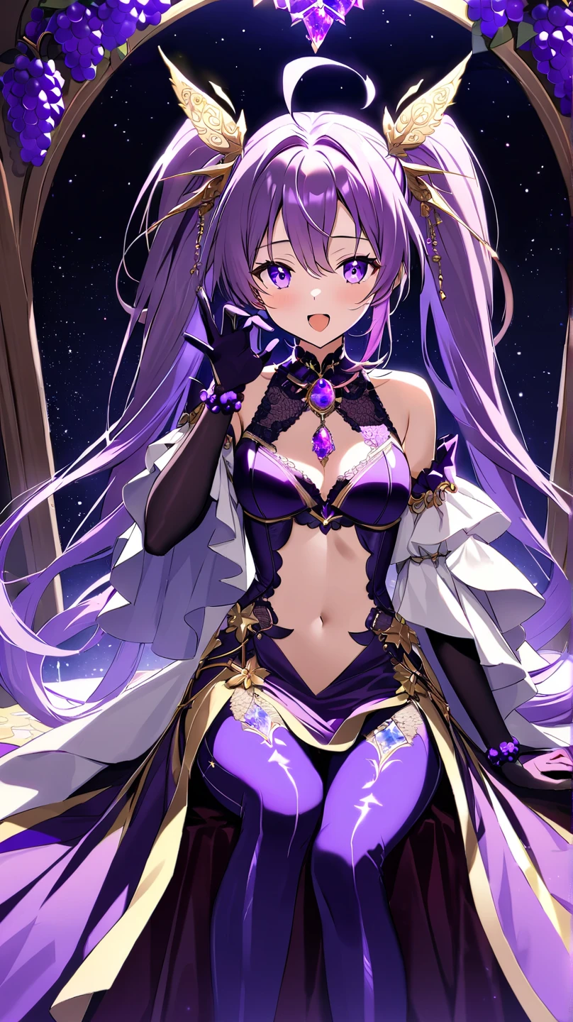 (best quality, masterpiece:1.2),1girl, solo,raidengenshin,beautiful detailed eyes,beautiful detailed lips,extremely detailed eyes and face,long eyelashes,(vivid colors,purple,hues of purple color:saturated),revealing Purple V-neck blouse,exposed chest,loose sarong with green Kuja symbol,slender legs,night stargazing,beautiful smile,happy expression,joyful,charming lady
