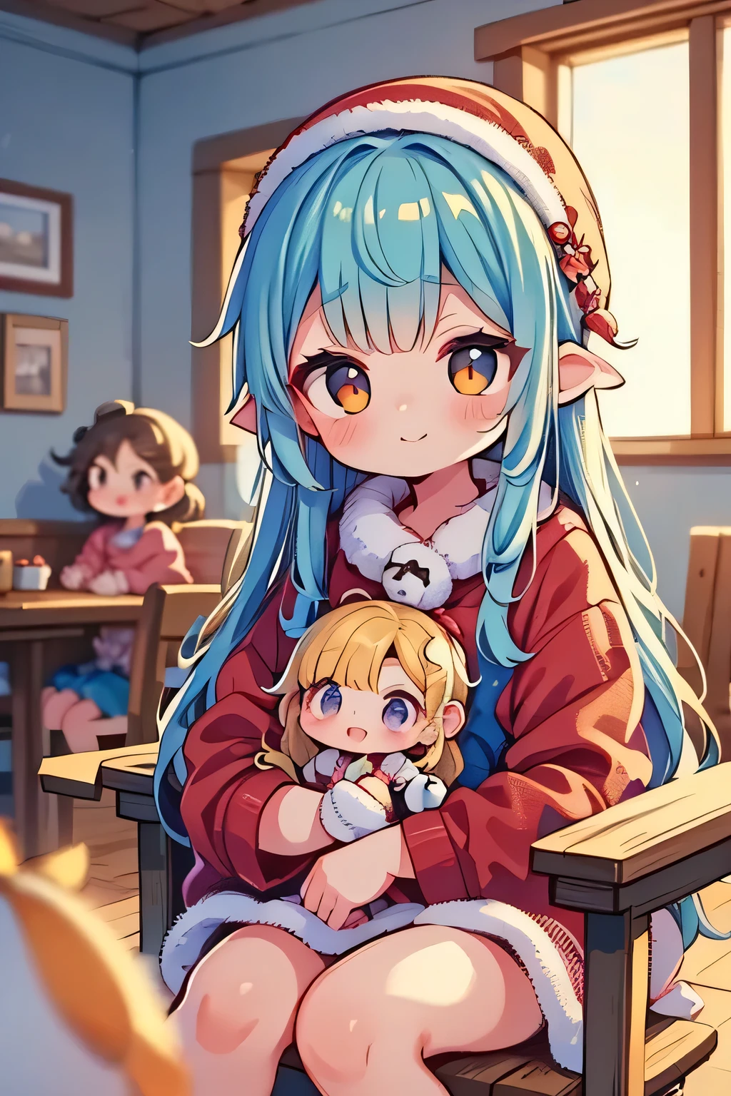 Four cute rag dolls, adorable cloth dolls, sitting on vintage wooden chairs around a table with four magnificent and delicious very colorful ice cream cups, soft pastel colors, warm lighting, cozy interior, detailed textures, soft focus, photorealistic, 4K, HDR, studio lighting, extreme details