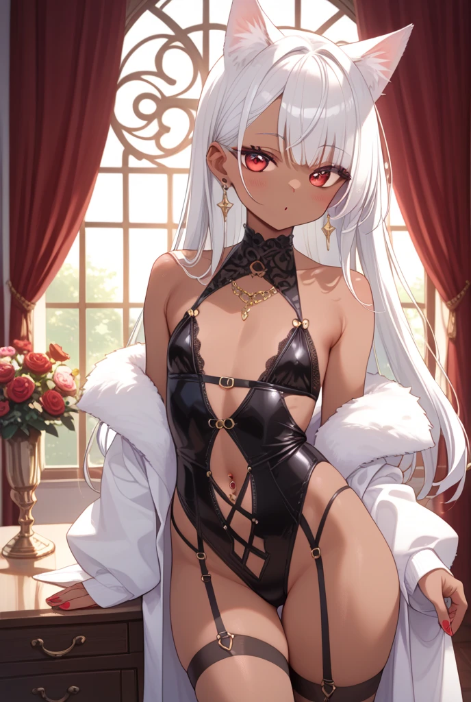 fantasy, 1 girl, cottage, elf, ((dark skin)), hair several colors, red eyes, big, navel, braids, (masterpiece, best quality), side flash, beautiful detailed eyes, angry face, slave chains, slave necklaces, lying on bed, maid, white eyes, tongue out, going crazy, open mouth, screaming, ahegao, heavy breathing, blushing, sweating,