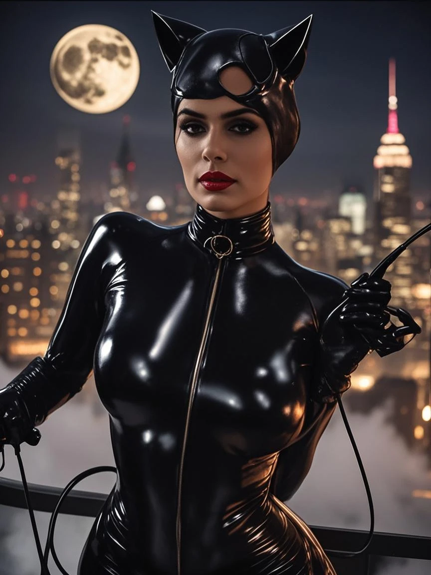 oman costume),catwoman2, (black hair),animal ears,boots,choker,cat ears, collar bell, (black latex bodysuit) ,goggles, neck bell black,(4nn3h-v2), (large breasts), (cleavage),(green eyes), (brown hair), (red lipstick), (eye mask), (newyork street alley), (night time), (at night), (neon signs), (flash photography),